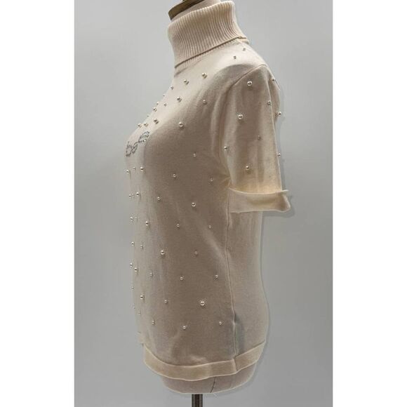Bebe Cream Short Sleeve Turtleneck Pearl Sequin Logo Sweater- L - Picture 12 of 12